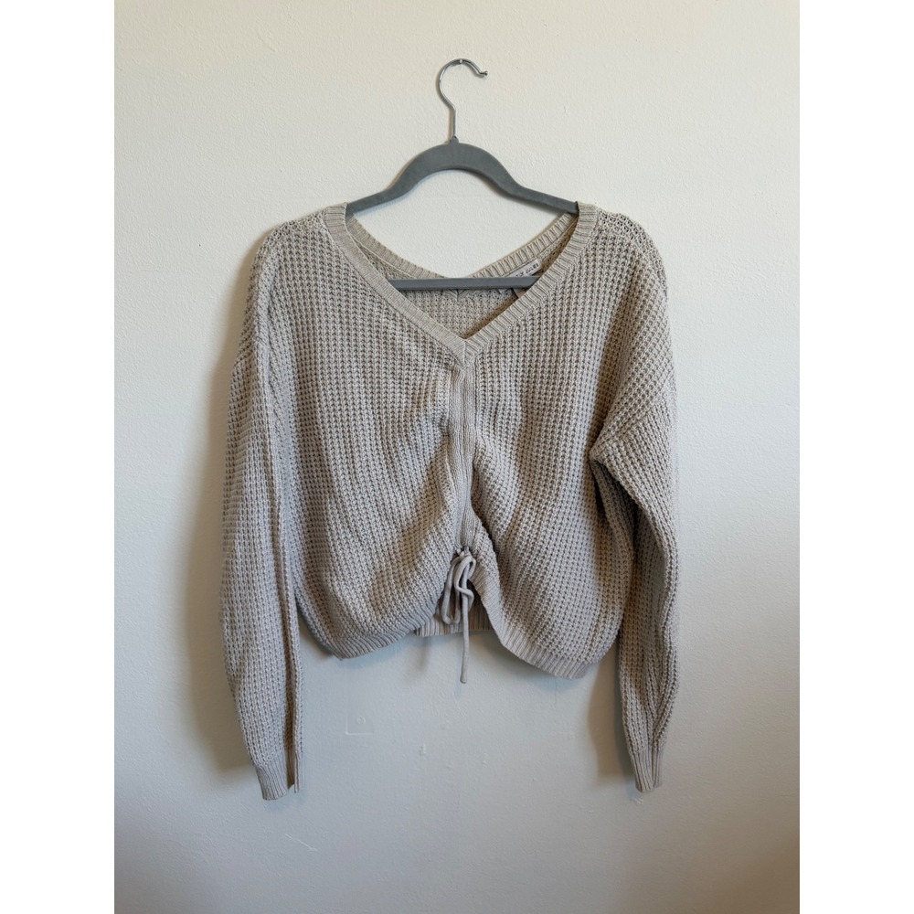 Sincerely Jules Womens Oatmeal Beige Waffle Knit V-Neck Cinched Hem Sweater L